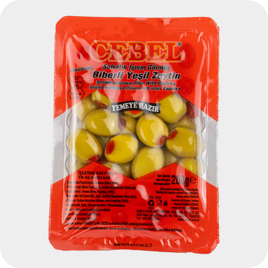 Cebel grüne Oliven mit roter Paprika biberli yesil Zeytin 200g