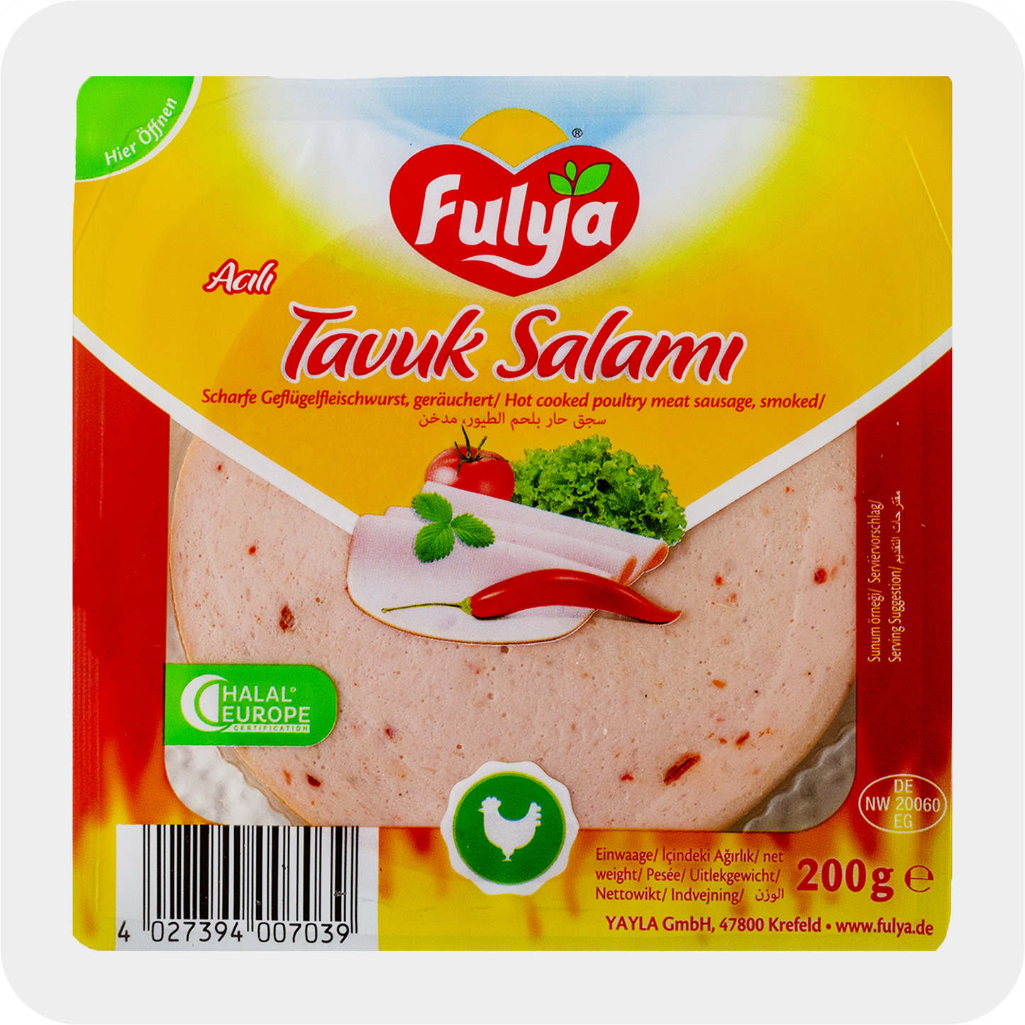 Fulya scharfe Geflügelfleischwurst geräuchert Tavuk Salami acili 200g